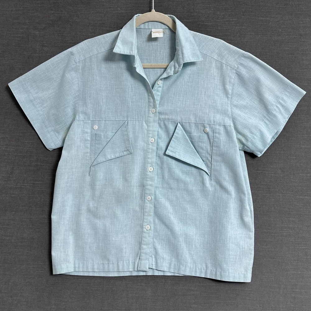 Vintage Jantzen Top M Blue Short Sleeve Button Utility Travel Pockets 90s‎ y2k